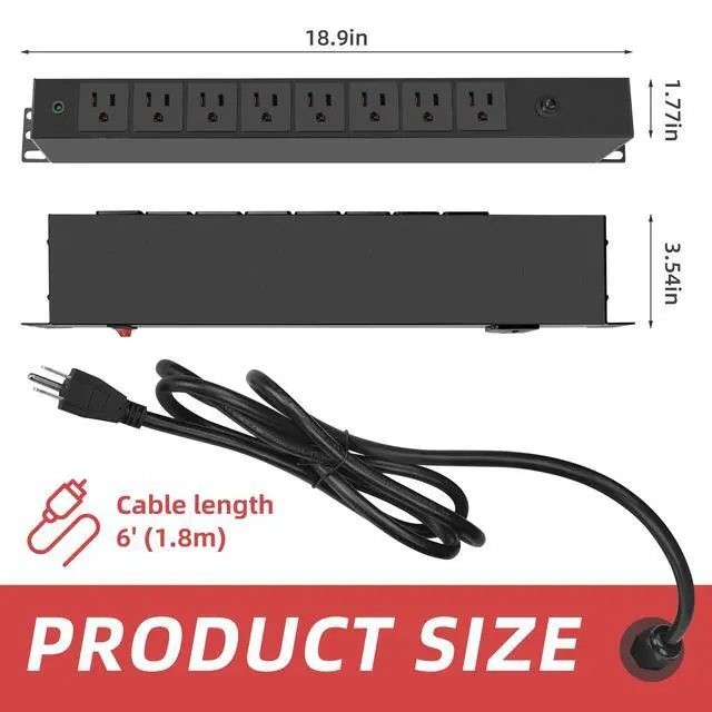 Alt view image 2 of 6 - 8 Outlet PDU Rack Mount Power Strip with Surge Protector, 1U Rackmount,Wide-Spaced Sockets, for Network Server Racks, Garage, Home Office, Data Center - 120V/15A, 1800W (6 FT Cable)