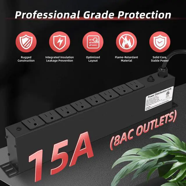 Alt view image 4 of 6 - 8 Outlet PDU Rack Mount Power Strip with Surge Protector, 1U Rackmount,Wide-Spaced Sockets, for Network Server Racks, Garage, Home Office, Data Center - 120V/15A, 1800W (6 FT Cable)