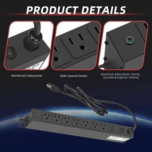Alt view image 3 of 6 - 8 Outlet PDU Rack Mount Power Strip with Surge Protector, 1U Rackmount,Wide-Spaced Sockets, for Network Server Racks, Garage, Home Office, Data Center - 120V/15A, 1800W (6 FT Cable)