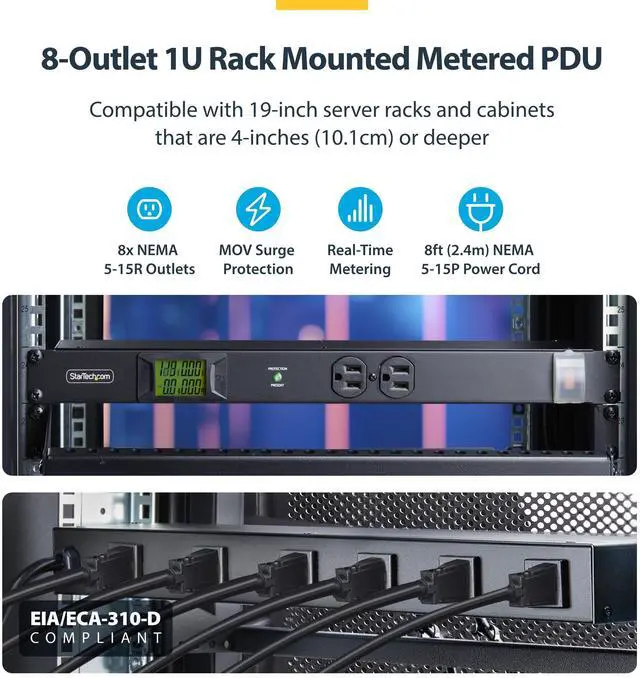 Alt view image 3 of 7 - 8-Outlet Horizontal Rack Mount Metered PDU, 1U Server Power Strip w/Surge Protector, 8ft (2.4m) Power Cable, TAA