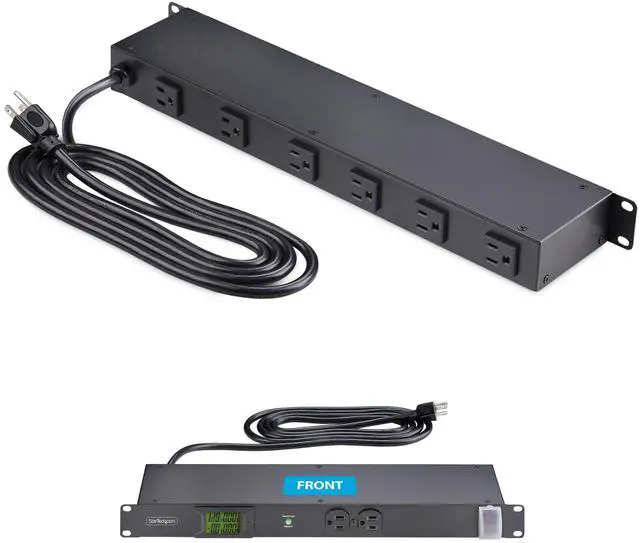 Alt view image 2 of 7 - 8-Outlet Horizontal Rack Mount Metered PDU, 1U Server Power Strip w/Surge Protector, 8ft (2.4m) Power Cable, TAA