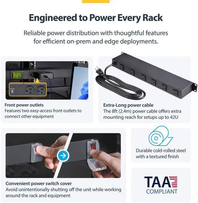 Alt view image 5 of 7 - 8-Outlet Horizontal Rack Mount Metered PDU, 1U Server Power Strip w/Surge Protector, 8ft (2.4m) Power Cable, TAA