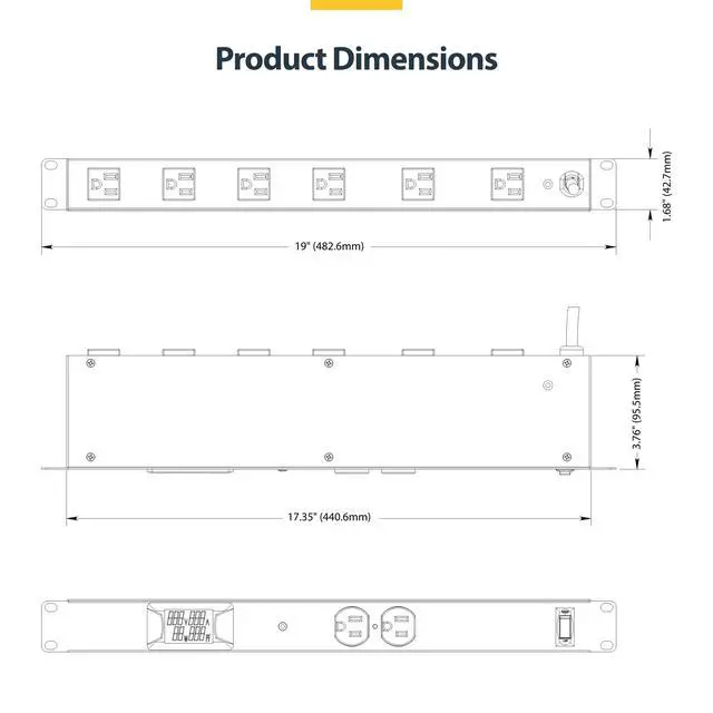 Alt view image 6 of 7 - 8-Outlet Horizontal Rack Mount Metered PDU, 1U Server Power Strip w/Surge Protector, 8ft (2.4m) Power Cable, TAA