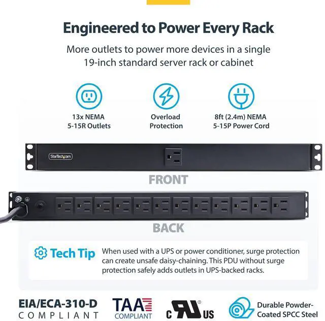 Alt view image 3 of 7 - 13-Outlet Rackmount PDU, 1U Server Power Strip, 1x Front and 12x Rear Ports, Mounted Power Distribution Unit