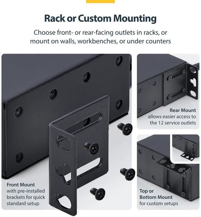 Alt view image 5 of 7 - 13-Outlet Rackmount PDU, 1U Server Power Strip, 1x Front and 12x Rear Ports, Mounted Power Distribution Unit
