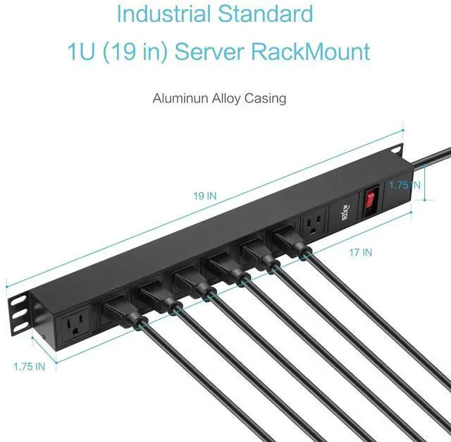 Alt view image 5 of 6 - 8-Outlet Metal Power Strip Surge Protector, Rack Mount PDU, Metal Mounting Brackets, 6 Foot Extension Cord, 1800 Joules, 125V/15A, Black