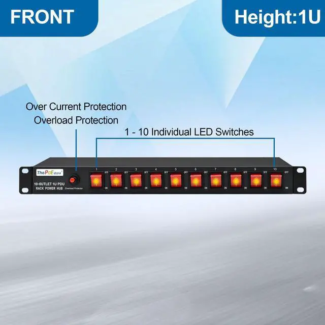 Alt view image 2 of 7 - 1U Horizontal PDU 19 Rack Mount Power Strip - Overload Protector, for Network Servers. 10 NEMA 5-15R Outlet, 120V 15A, 3600 Joules SPD-10KA, Heavy-Duty 14 AWG 6 ft Cord