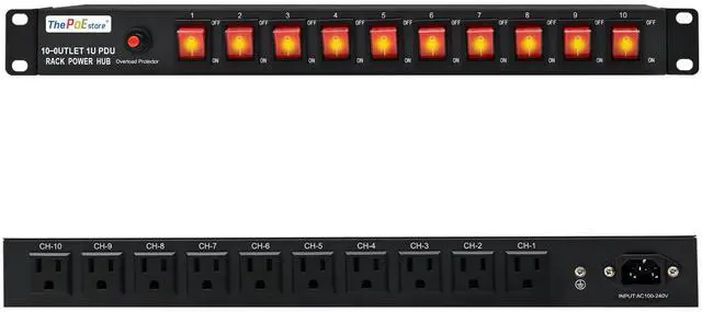 Main image of 1U Horizontal PDU 19 Rack Mount Power Strip - Overload Protector, for Network Servers. 10 NEMA 5-15R Outlet, 120V 15A, 3600 Joules SPD-10KA, Heavy-Duty 14 AWG 6 ft Cord