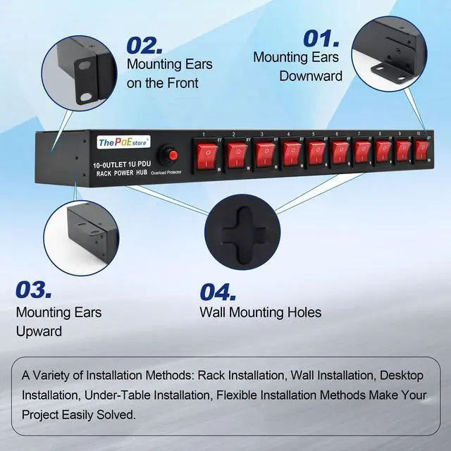 Alt view image 4 of 7 - 1U Horizontal PDU 19 Rack Mount Power Strip - Overload Protector, for Network Servers. 10 NEMA 5-15R Outlet, 120V 15A, 3600 Joules SPD-10KA, Heavy-Duty 14 AWG 6 ft Cord