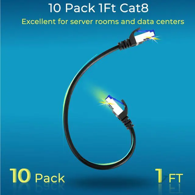 Alt view image 2 of 6 - Patch Cables Cat8 1ft 10 Pack Slim, Cat8 Ethernet Patch Cable 40G Support, Snagless Cat 8 Patch Cable for Patch Panel to Switch, Flexiable Cat 8 Ethernet Cable Datacenter with Gold Plated