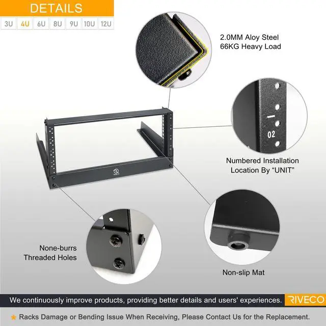 Alt view image 2 of 4 - 4u Tabletop Rack for Audio & Network, Desktop Rack Shelf Open Frame Sound Recording Shelf, Tappered Holes Black 2 Post