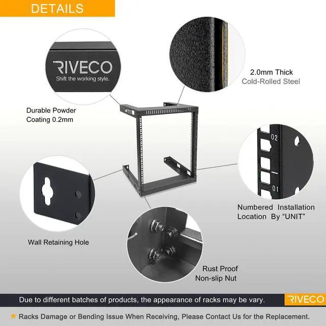 Alt view image 3 of 7 - 12U 19" Wall Mount Server Rack 17.7" Deep 2 Post Open Frame Cabinet Easy Assembly Firm Constructed Shelf for Internet/Network/AV/Data Home Equipment/Patch Panel Heavy Duty Light Weight Black
