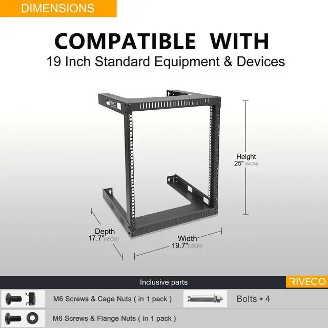 Alt view image 5 of 7 - 12U 19" Wall Mount Server Rack 17.7" Deep 2 Post Open Frame Cabinet Easy Assembly Firm Constructed Shelf for Internet/Network/AV/Data Home Equipment/Patch Panel Heavy Duty Light Weight Black