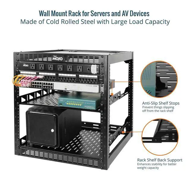 Alt view image 3 of 6 - 12U Open Frame Network Rack for IT & AV Gear, AV Rack Floor Standing or Wall Mounted,with 2 PCS 1U Rack Shelves & Mounting Hardware,Network Rack for 19" Networking,Audio and Video Device