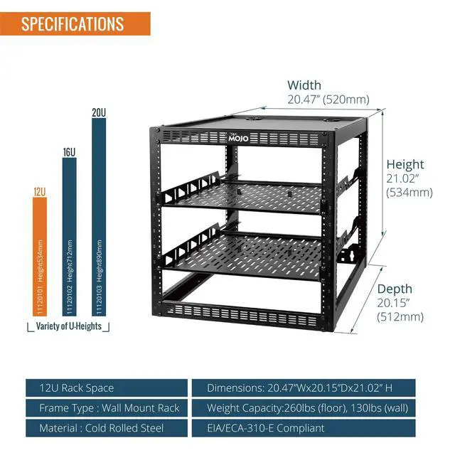 Alt view image 2 of 6 - 12U Open Frame Network Rack for IT & AV Gear, AV Rack Floor Standing or Wall Mounted,with 2 PCS 1U Rack Shelves & Mounting Hardware,Network Rack for 19" Networking,Audio and Video Device