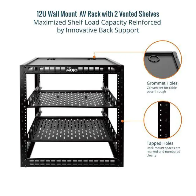 Alt view image 4 of 6 - 12U Open Frame Network Rack for IT & AV Gear, AV Rack Floor Standing or Wall Mounted,with 2 PCS 1U Rack Shelves & Mounting Hardware,Network Rack for 19" Networking,Audio and Video Device
