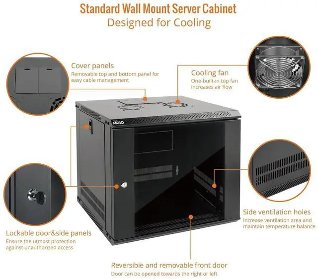 Alt view image 3 of 6 - 9U Wall Mount Server Cabinet IT Network Rack Enclosure Lockable Door and Side Panels Black,Cooling Fan, Glass Door, 17.7inch Depth,for 19 IT Equipment, A/V Devices
