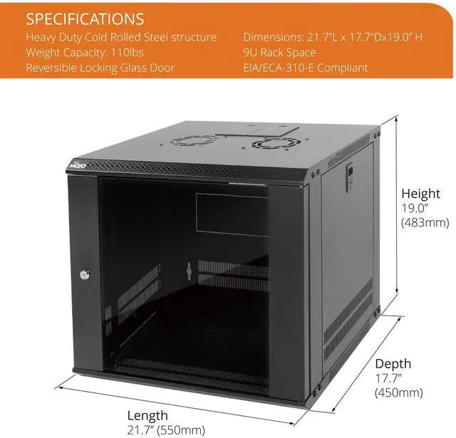 Alt view image 2 of 6 - 9U Wall Mount Server Cabinet IT Network Rack Enclosure Lockable Door and Side Panels Black,Cooling Fan, Glass Door, 17.7inch Depth,for 19 IT Equipment, A/V Devices