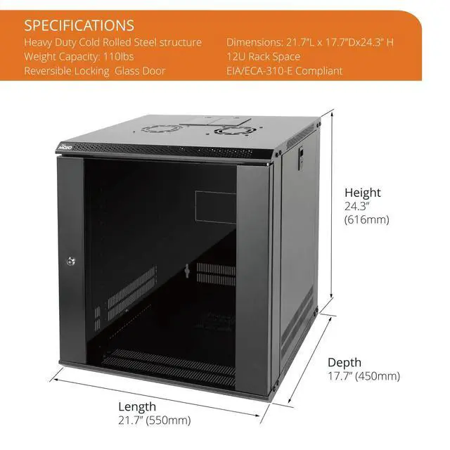 Alt view image 2 of 6 - 12U Wall Mount Server Cabinet IT Network Rack Enclosure Lockable Door and Side Panels Black,Cooling Fan,Glass Door,17.7inch Depth,for 19 IT Equipment,A/V Devices