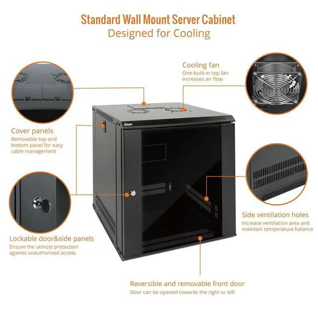 Alt view image 3 of 6 - 12U Wall Mount Server Cabinet IT Network Rack Enclosure Lockable Door and Side Panels Black,Cooling Fan,Glass Door,17.7inch Depth,for 19 IT Equipment,A/V Devices
