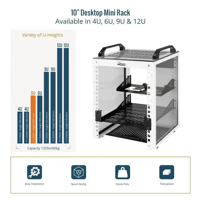 Alt view image 5 of 6 - 6U Network Rack, 10 inch Mini Server Rack with 2 Side Translucent Panels & 2 Top Handles, 7.87 inch Deep, for 10 inch IT Equipment & A/V Devices, White