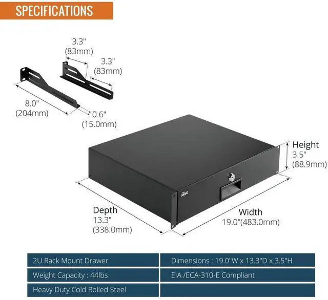 Alt view image 2 of 7 - 2U Rack Drawer,Rack Mount Drawer for 19in Network Equipment/Server/AV Rack or Cabinet Enclosure,Sliding and Lockable Server Rack Drawer - Load-Bearing 44lb (20kg),with Cable Management Holes