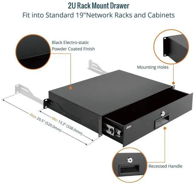 Alt view image 4 of 7 - 2U Rack Drawer,Rack Mount Drawer for 19in Network Equipment/Server/AV Rack or Cabinet Enclosure,Sliding and Lockable Server Rack Drawer - Load-Bearing 44lb (20kg),with Cable Management Holes