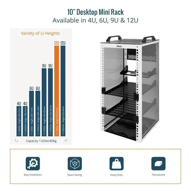 Alt view image 5 of 6 - 12U Network Rack, 10 inch Mini Server Rack with 2 Side Translucent Panels & 2 Top Handles, 10.23 inch Deep, for 10 inch IT Equipment & A/V Devices, White