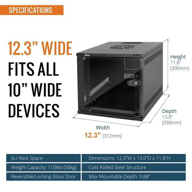 Alt view image 2 of 6 - 6U 10 inch Rack, Wall Mount Network Cabinet Set,12.3W x 13D x 11.8H- Load Capacity 110Lbs(50 kg),Black 10" Wall Housing Server Rack Set