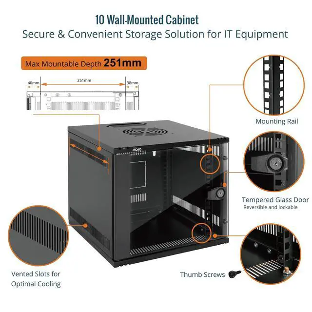 Alt view image 3 of 6 - 6U 10 inch Rack, Wall Mount Network Cabinet Set,12.3W x 13D x 11.8H- Load Capacity 110Lbs(50 kg),Black 10" Wall Housing Server Rack Set