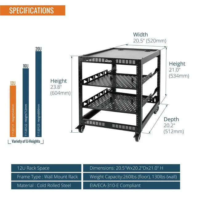 Alt view image 2 of 6 - 12U Open Frame Network Rack for IT & AV Gear, 4-Post With Casters, Mobile With 2 PCS 1U Server Shelf & Mounting Hardware, for 19" Network, Audio and Video Device