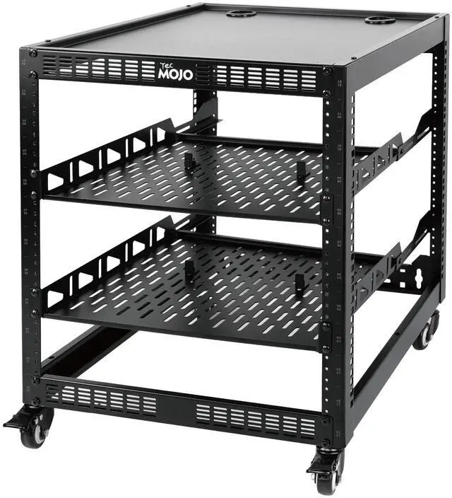 Main image of 12U Open Frame Network Rack for IT & AV Gear, 4-Post With Casters, Mobile With 2 PCS 1U Server Shelf & Mounting Hardware, for 19" Network, Audio and Video Device
