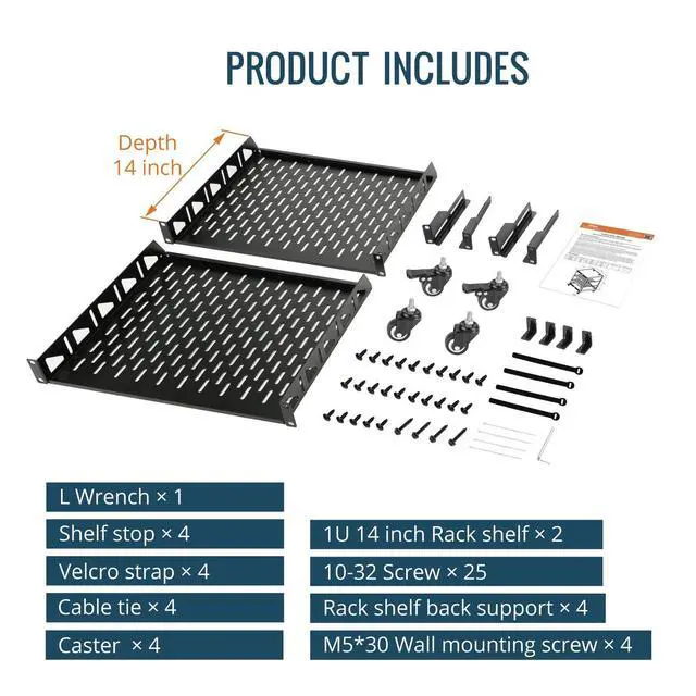 Alt view image 6 of 6 - 12U Open Frame Network Rack for IT & AV Gear, 4-Post With Casters, Mobile With 2 PCS 1U Server Shelf & Mounting Hardware, for 19" Network, Audio and Video Device