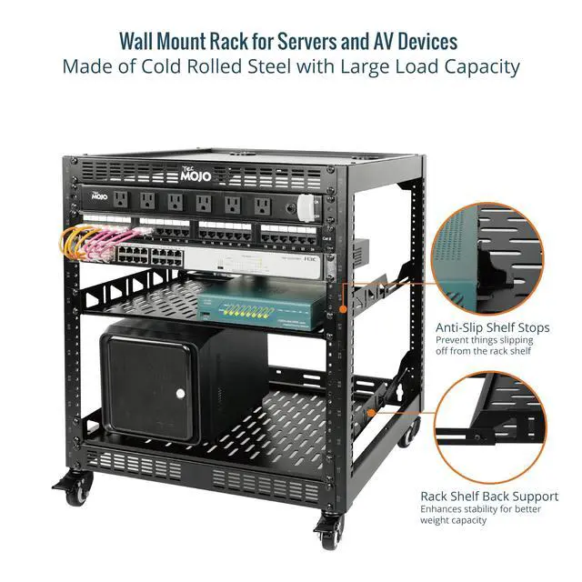 Alt view image 3 of 6 - 12U Open Frame Network Rack for IT & AV Gear, 4-Post With Casters, Mobile With 2 PCS 1U Server Shelf & Mounting Hardware, for 19" Network, Audio and Video Device