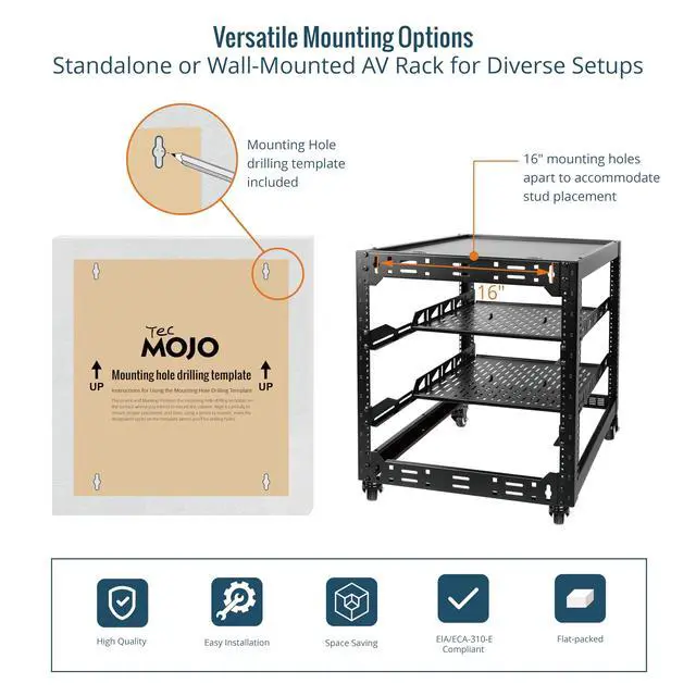 Alt view image 5 of 6 - 12U Open Frame Network Rack for IT & AV Gear, 4-Post With Casters, Mobile With 2 PCS 1U Server Shelf & Mounting Hardware, for 19" Network, Audio and Video Device