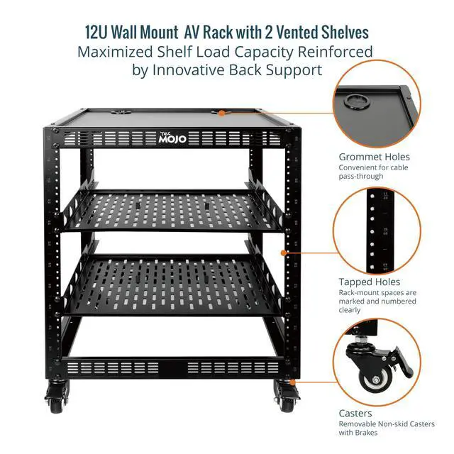 Alt view image 4 of 6 - 12U Open Frame Network Rack for IT & AV Gear, 4-Post With Casters, Mobile With 2 PCS 1U Server Shelf & Mounting Hardware, for 19" Network, Audio and Video Device