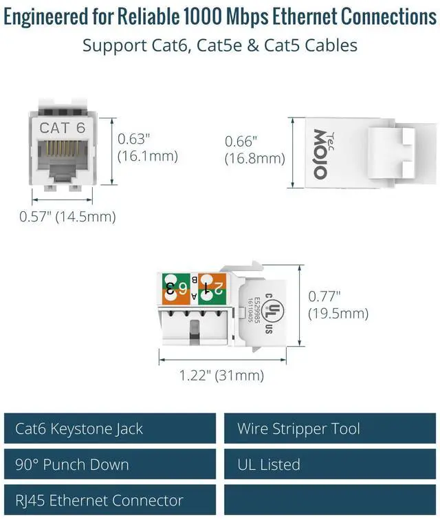 Alt view image 2 of 7 - UL Listed 1000 Mbps Cat6 Keystone Jack Insert 10 -Pack, 90 Degree Punch Down RJ45 Keystone Jack Adapter Slim Profile for Patch Panel & Wall Plate, White