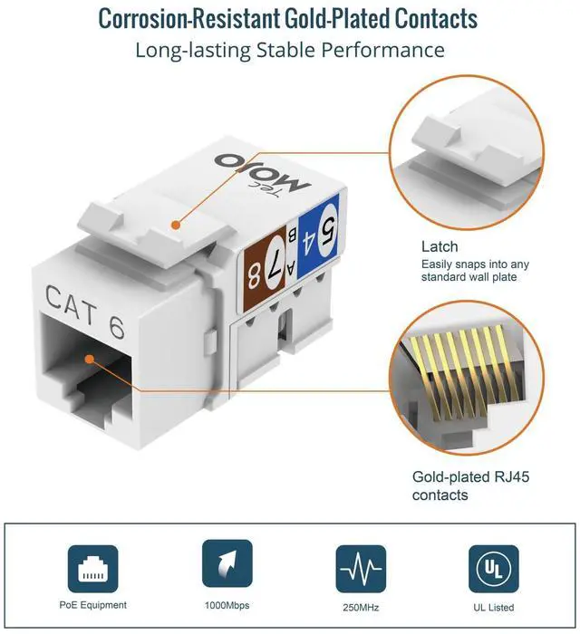 Alt view image 7 of 7 - UL Listed 1000 Mbps Cat6 Keystone Jack Insert 10 -Pack, 90 Degree Punch Down RJ45 Keystone Jack Adapter Slim Profile for Patch Panel & Wall Plate, White