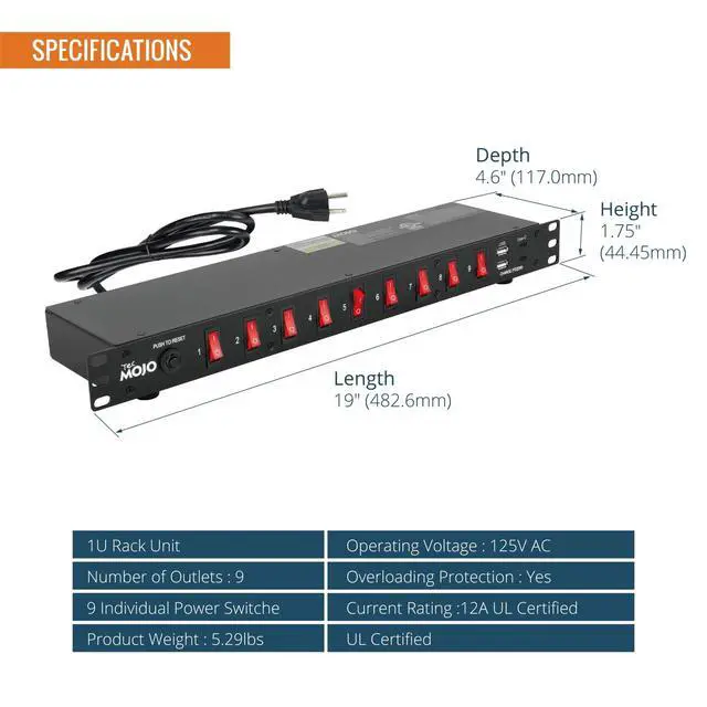 Alt view image 2 of 6 - 9-Outlet Rack Mount Power Strip,1U Horizontal PDU Individual Switch 6ft Cord, with 2USB and 2 Type-C,for IT and Network Racks and Cabinets