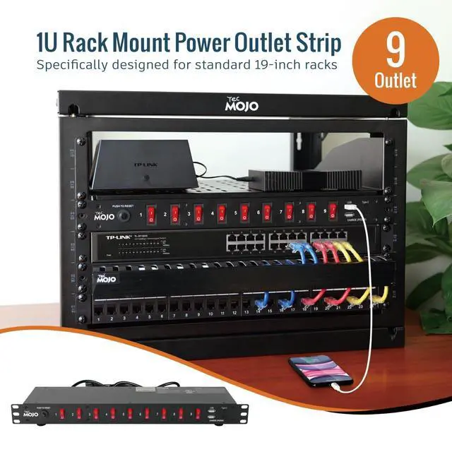Alt view image 3 of 6 - 9-Outlet Rack Mount Power Strip,1U Horizontal PDU Individual Switch 6ft Cord, with 2USB and 2 Type-C,for IT and Network Racks and Cabinets
