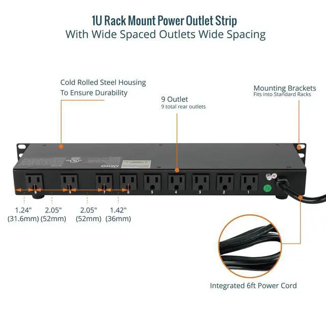 Alt view image 4 of 6 - 9-Outlet Rack Mount Power Strip,1U Horizontal PDU Individual Switch 6ft Cord, with 2USB and 2 Type-C,for IT and Network Racks and Cabinets
