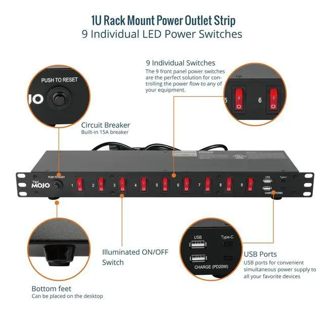 Alt view image 5 of 6 - 9-Outlet Rack Mount Power Strip,1U Horizontal PDU Individual Switch 6ft Cord, with 2USB and 2 Type-C,for IT and Network Racks and Cabinets
