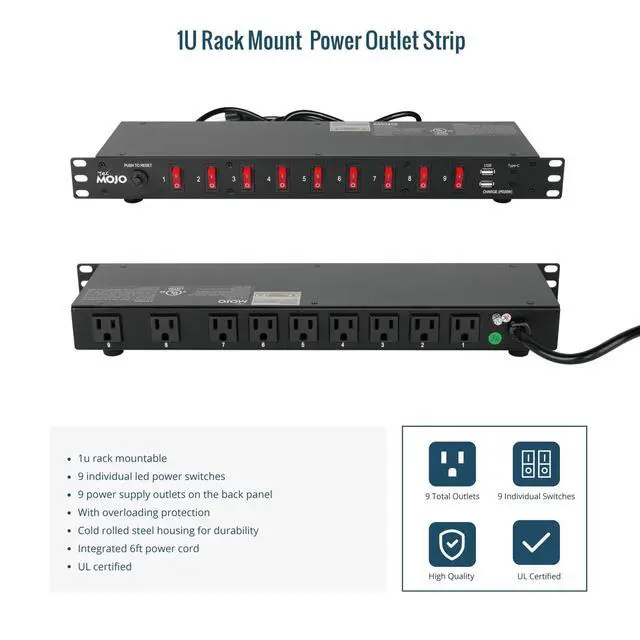 Alt view image 6 of 6 - 9-Outlet Rack Mount Power Strip,1U Horizontal PDU Individual Switch 6ft Cord, with 2USB and 2 Type-C,for IT and Network Racks and Cabinets