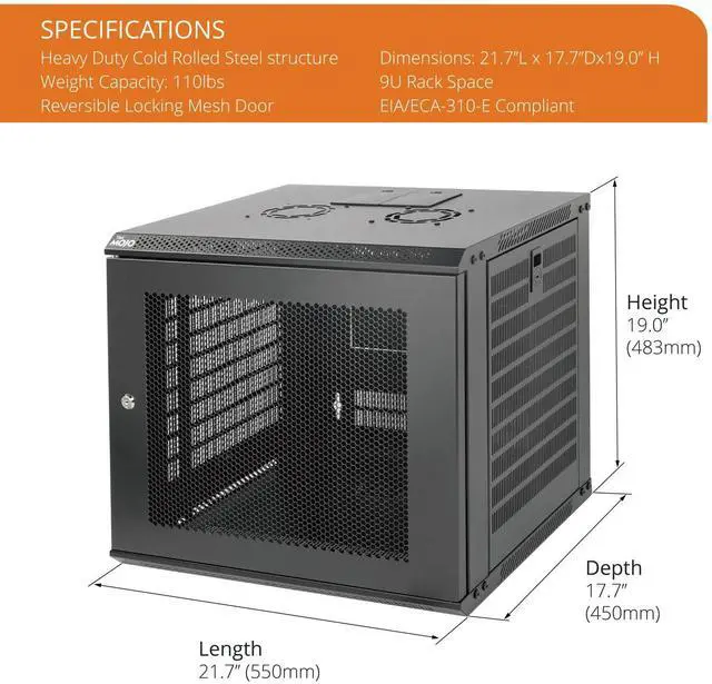 Alt view image 2 of 6 - 9U Wall Mount Rack Network Cabinet for 19" IT Equipment,with Lockable Mesh Door and Side Panels,Cooling Fan,17.7inch Depth,Black