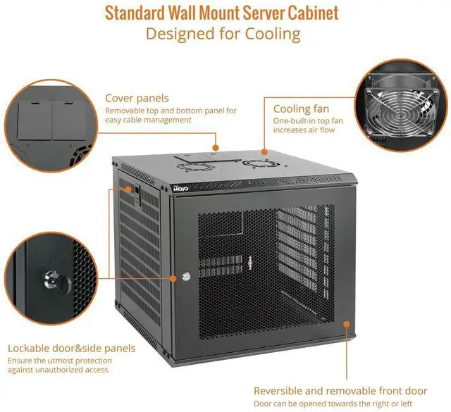 Alt view image 3 of 6 - 9U Wall Mount Rack Network Cabinet for 19" IT Equipment,with Lockable Mesh Door and Side Panels,Cooling Fan,17.7inch Depth,Black
