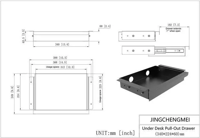 Alt view image 2 of 7 - Under Desk Mounted Sliding Pull-out Drawer, W 15.3" x D 8.8" Storage Organizer for Sit Stand Workstation, Metal, Black (Medium)