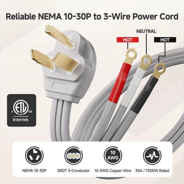 Alt view image 2 of 6 - 10 AWG 3 Prong Dryer Cord - 6ft, 30A / 7500W Rated, NEMA 10-30P to 3-Wire Appliance Cord, Dryer Plug 3 Prong, Gray