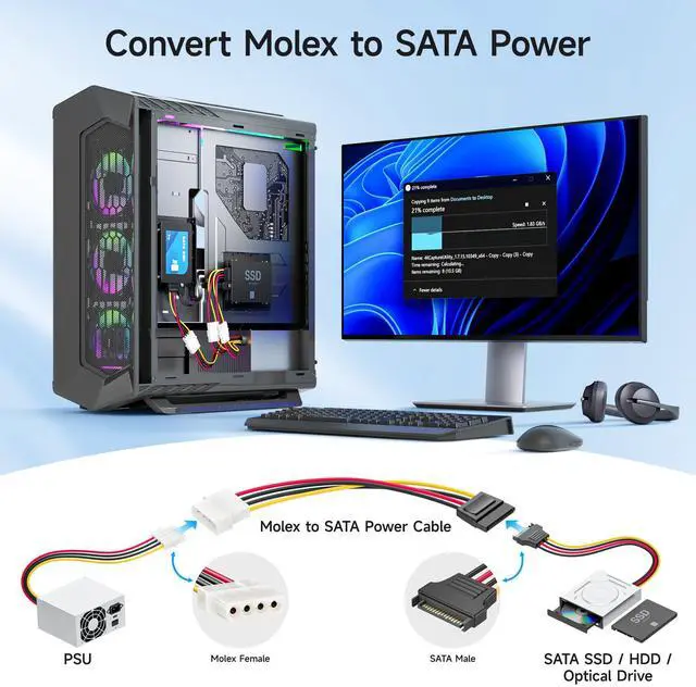 Alt view image 2 of 7 - 3-Pack 4 Pin Molex to SATA Power Cable (SATA to Molex) - 6 Inches