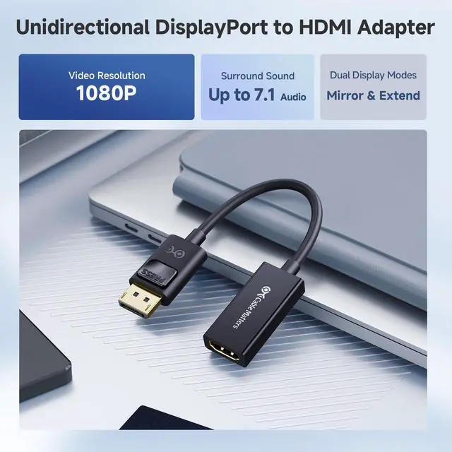 Alt view image 2 of 6 - DisplayPort to HDMI Adapter, Unidirectional DP to HDMI Adapter, Full HD, 7.1 Audio, Gold-Plated Display Port Adapter to HDMI Monitor, Not Compatible with USB Ports