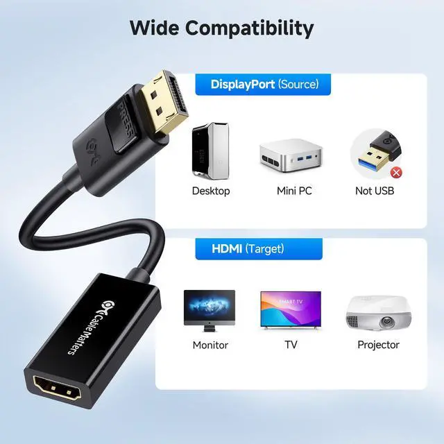 Alt view image 5 of 6 - DisplayPort to HDMI Adapter, Unidirectional DP to HDMI Adapter, Full HD, 7.1 Audio, Gold-Plated Display Port Adapter to HDMI Monitor, Not Compatible with USB Ports
